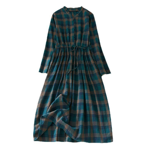 Buddha Stones Vintage Plaid Ruffled V-Neck Drawstring Cotton Linen Midi Dress With Pockets - image 8
