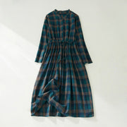 Buddha Stones Vintage Plaid Ruffled V-Neck Drawstring Cotton Linen Midi Dress With Pockets - DarkCyan - US8-10，UK/AU12-14，EU40-42 (2XL) - image 3