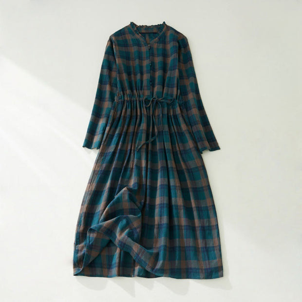 Buddha Stones Vintage Plaid Ruffled V-Neck Drawstring Cotton Linen Midi Dress With Pockets - DarkCyan - US8-10，UK/AU12-14，EU40-42 (2XL) - image 3