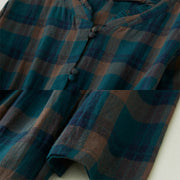 Buddha Stones Vintage Plaid Ruffled V-Neck Drawstring Cotton Linen Midi Dress With Pockets - image 6