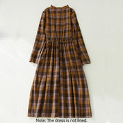Buddha Stones Vintage Plaid Ruffled V-Neck Drawstring Cotton Linen Midi Dress With Pockets - image 2