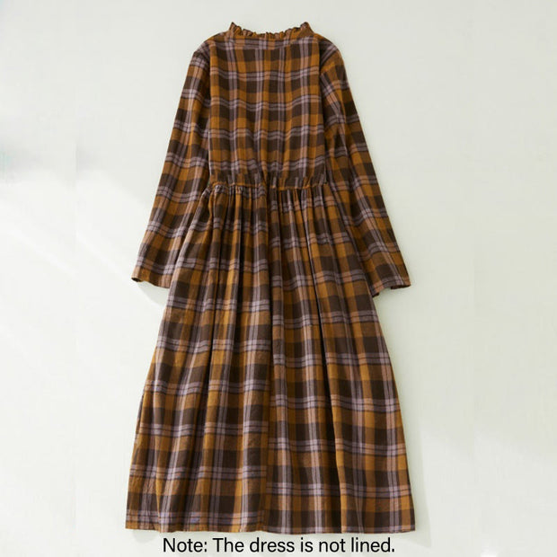 Buddha Stones Vintage Plaid Ruffled V-Neck Drawstring Cotton Linen Midi Dress With Pockets - image 2