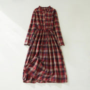 Buddha Stones Vintage Plaid Ruffled V-Neck Drawstring Cotton Linen Midi Dress With Pockets - Crimson - US8-10，UK/AU12-14，EU40-42 (2XL) - image 9