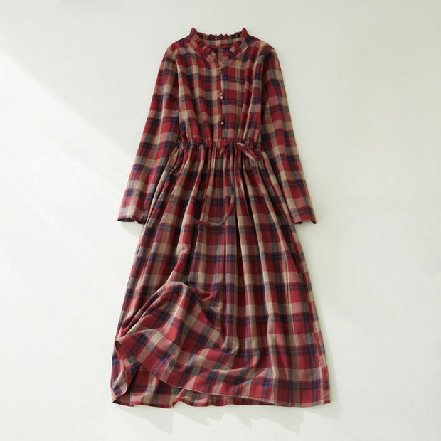Buddha Stones Vintage Plaid Ruffled V-Neck Drawstring Cotton Linen Midi Dress With Pockets - Crimson - US8-10，UK/AU12-14，EU40-42 (2XL) - image 9