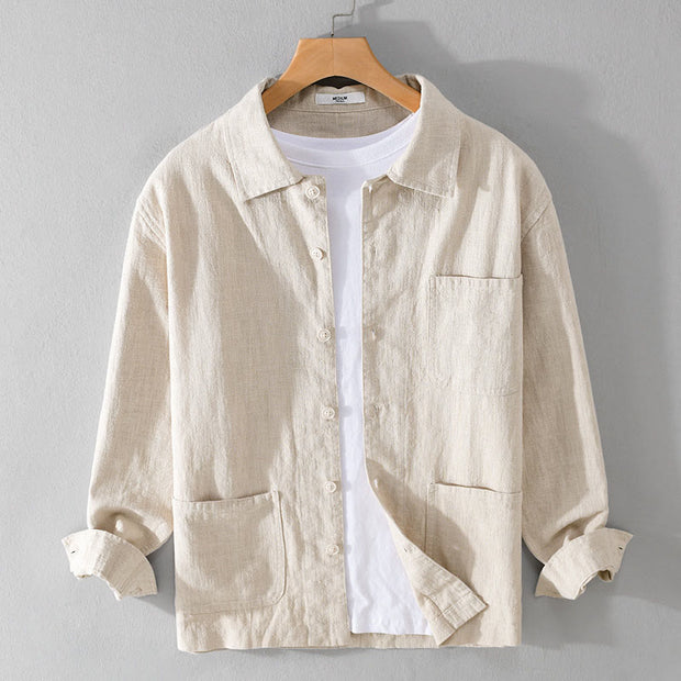 Buddha Stones Commute Men's Plain Buttons Design Pattern Cotton Linen Long Sleeve Shirt - Beige - US/UK/AU42，EU52 (3XL) - image 5