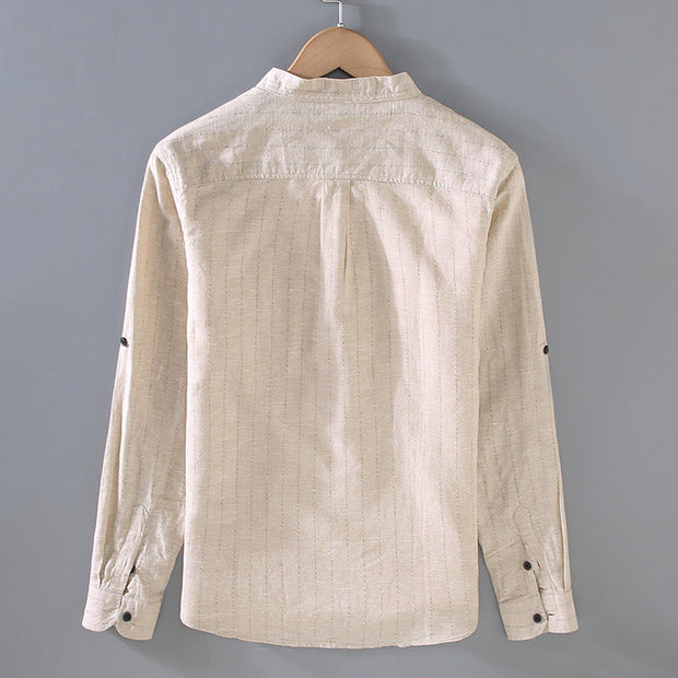 Buddha Stones Vintage Men's Striped Pattern Cotton Linen Long Sleeve Shirt - image 4