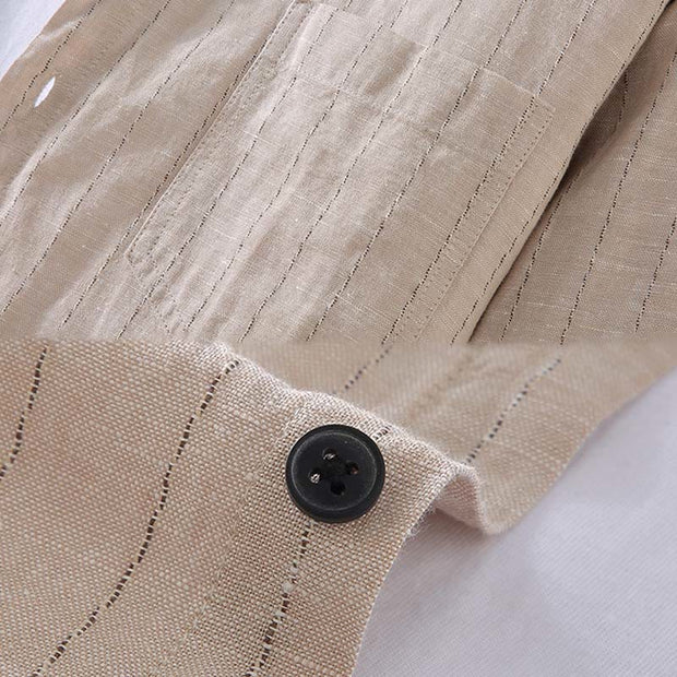 Buddha Stones Vintage Men's Striped Pattern Cotton Linen Long Sleeve Shirt - image 5