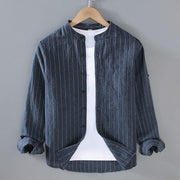 Buddha Stones Vintage Men's Striped Pattern Cotton Linen Long Sleeve Shirt - MidnightBlue - US/UK/AU42，EU52 (3XL) - image 1