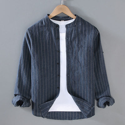 Buddha Stones Vintage Men's Striped Pattern Cotton Linen Long Sleeve Shirt - MidnightBlue - US/UK/AU42，EU52 (3XL) - image 1