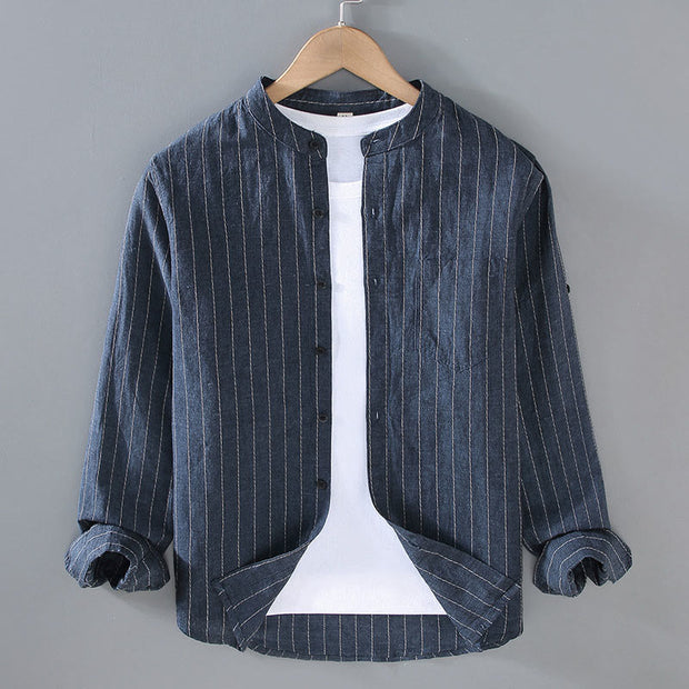 Buddha Stones Vintage Men's Striped Pattern Cotton Linen Long Sleeve Shirt - MidnightBlue - US/UK/AU42，EU52 (3XL) - image 1
