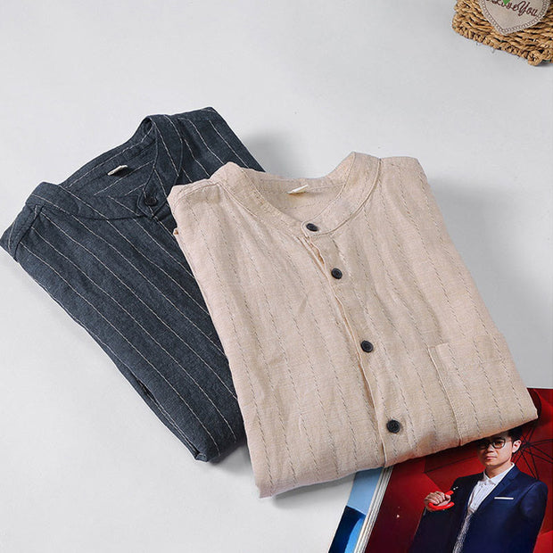 Buddha Stones Vintage Men's Striped Pattern Cotton Linen Long Sleeve Shirt - image 12