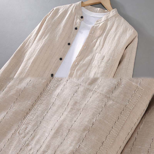 Buddha Stones Vintage Men's Striped Pattern Cotton Linen Long Sleeve Shirt - image 7