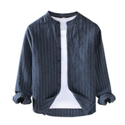 Buddha Stones Vintage Men's Striped Pattern Cotton Linen Long Sleeve Shirt - image 2