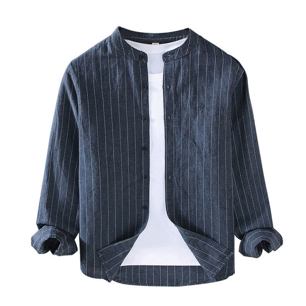 Buddha Stones Vintage Men's Striped Pattern Cotton Linen Long Sleeve Shirt - image 2