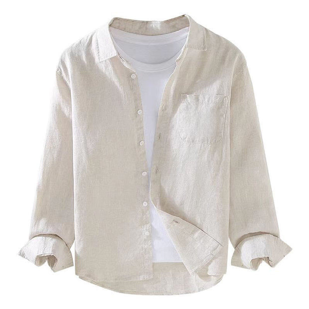 Buddha Stones Spring Men's Casual Pure Color Linen Long Sleeve Shirt With Pocket - image 7