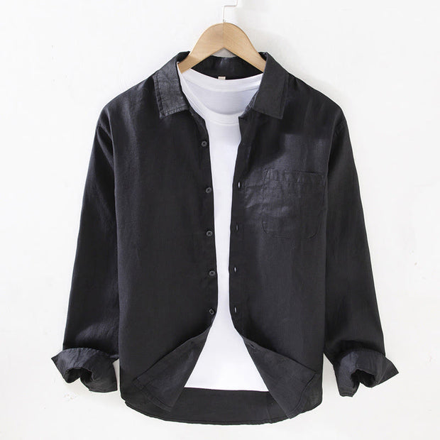 Buddha Stones Spring Men's Casual Pure Color Linen Long Sleeve Shirt With Pocket - Black - US/UK/AU42，EU52 (3XL) - image 9