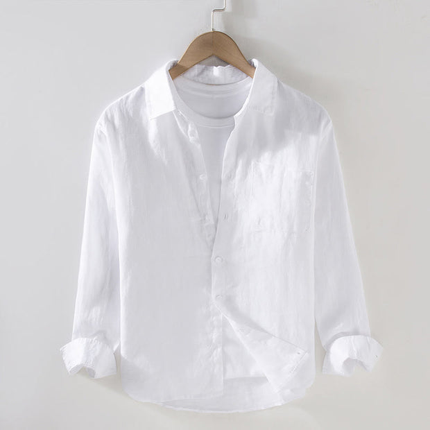 Buddha Stones Spring Men's Casual Pure Color Linen Long Sleeve Shirt With Pocket - White - US/UK/AU42，EU52 (3XL) - image 8