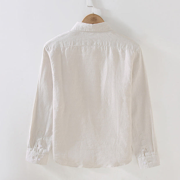 Buddha Stones Spring Men's Casual Pure Color Linen Long Sleeve Shirt With Pocket - image 2
