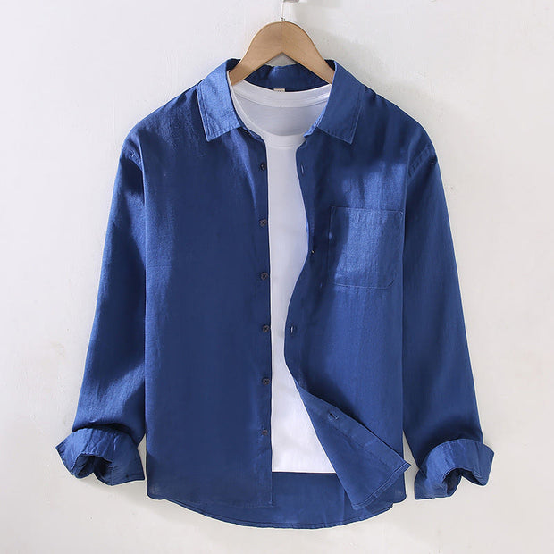 Buddha Stones Spring Men's Casual Pure Color Linen Long Sleeve Shirt With Pocket - MediumBlue - US/UK/AU42，EU52 (3XL) - image 13