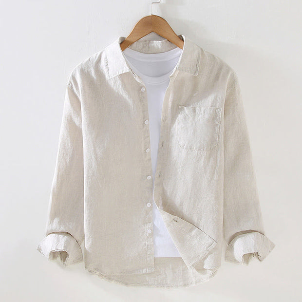 Buddha Stones Spring Men's Casual Pure Color Linen Long Sleeve Shirt With Pocket - Beige - US/UK/AU42，EU52 (3XL) - image 1