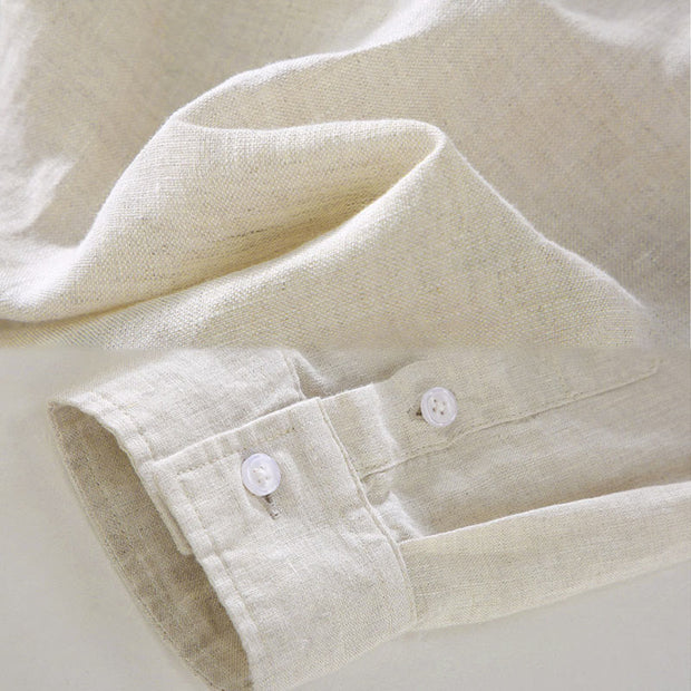 Buddha Stones Spring Men's Casual Pure Color Linen Long Sleeve Shirt With Pocket - image 3