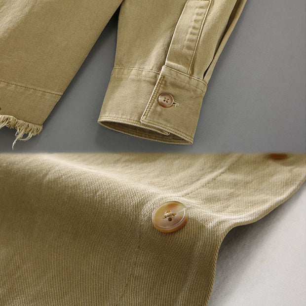 Buddha Stones Men's Casual Pure Color Tassels Hem Design Cotton Long Sleeve Shirt With Pocket - image 6