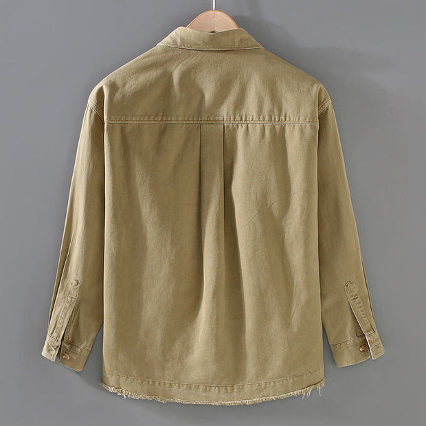 Buddha Stones Men's Casual Pure Color Tassels Hem Design Cotton Long Sleeve Shirt With Pocket - image 3