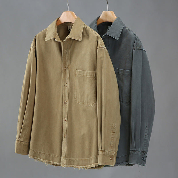 Buddha Stones Men's Casual Pure Color Tassels Hem Design Cotton Long Sleeve Shirt With Pocket - image 9