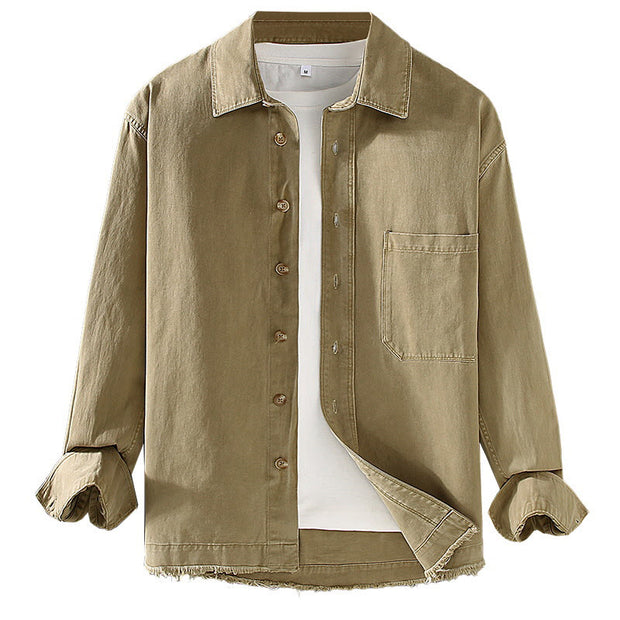 Buddha Stones Men's Casual Pure Color Tassels Hem Design Cotton Long Sleeve Shirt With Pocket - image 8