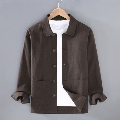 Buddha Stones Casual Plain Long Sleeve Button Lapel  Design Men's Ramie Linen Jacket With Pockets - SaddleBrown - US/UK/AU42，EU52 (3XL) - image 1
