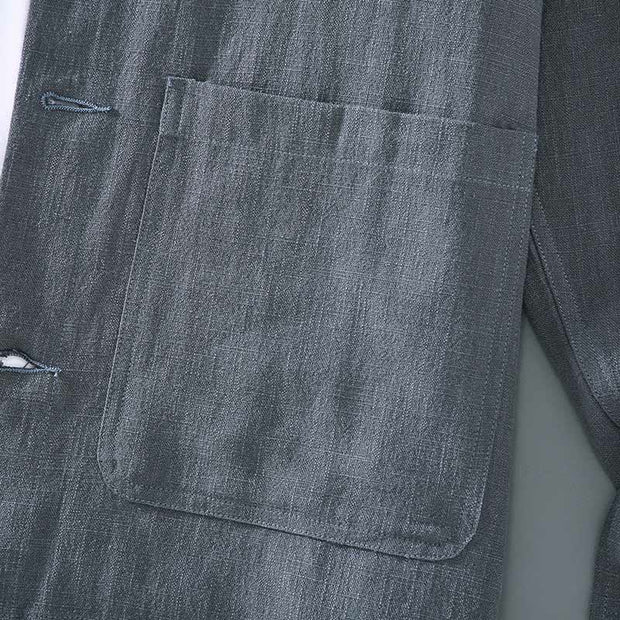 Buddha Stones Casual Plain Long Sleeve Button Lapel  Design Men's Ramie Linen Jacket With Pockets - image 8