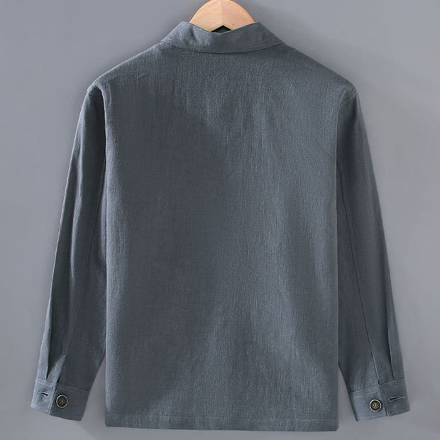 Buddha Stones Casual Plain Long Sleeve Button Lapel  Design Men's Ramie Linen Jacket With Pockets - image 5