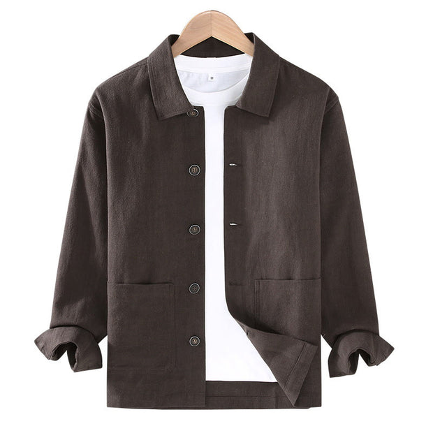 Buddha Stones Casual Plain Long Sleeve Button Lapel  Design Men's Ramie Linen Jacket With Pockets - image 3