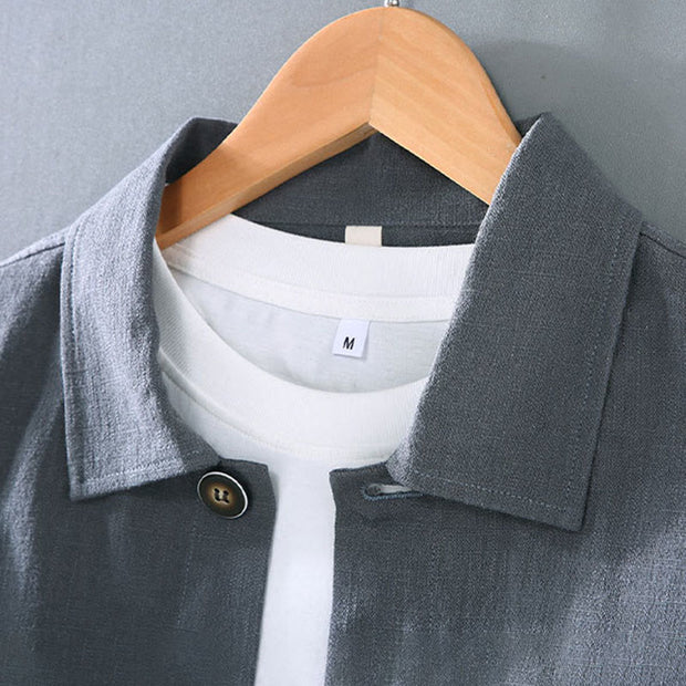 Buddha Stones Casual Plain Long Sleeve Button Lapel  Design Men's Ramie Linen Jacket With Pockets - image 6