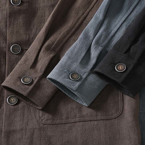Buddha Stones Casual Plain Long Sleeve Button Lapel  Design Men's Ramie Linen Jacket With Pockets - image 15