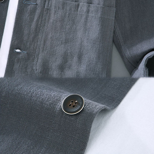 Buddha Stones Casual Plain Long Sleeve Button Lapel  Design Men's Ramie Linen Jacket With Pockets - image 10