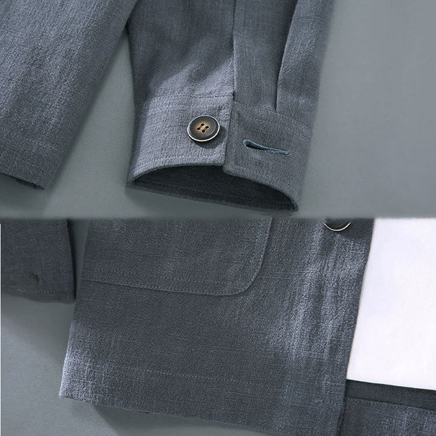 Buddha Stones Casual Plain Long Sleeve Button Lapel  Design Men's Ramie Linen Jacket With Pockets - image 11