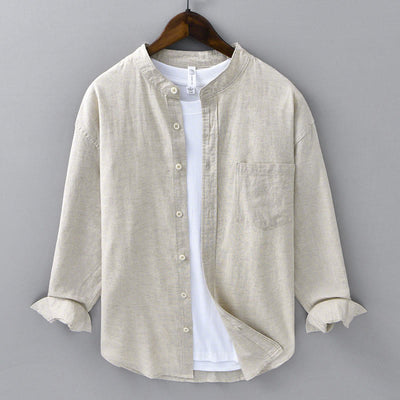 Buddha Stones Men's Long Sleeve Stand Collar With Pocket Pure Color Casual Cotton Linen Shirt - Linen - US/UK/AU40，EU50 (3XL) - image 1