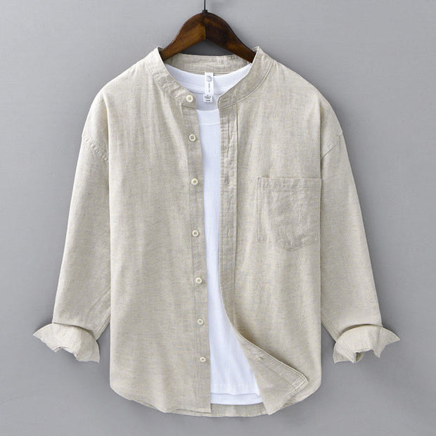 Buddha Stones Men's Long Sleeve Stand Collar With Pocket Pure Color Casual Cotton Linen Shirt - Linen - US/UK/AU40，EU50 (3XL) - image 1