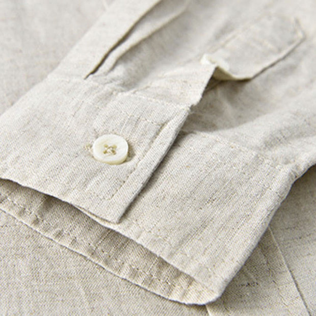 Buddha Stones Men's Long Sleeve Stand Collar With Pocket Pure Color Casual Cotton Linen Shirt - image 3