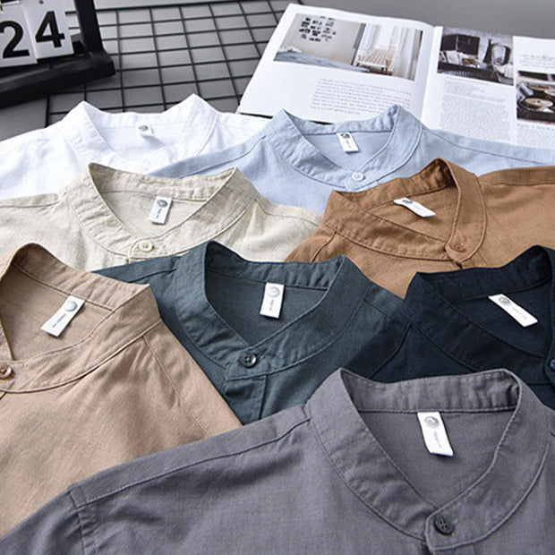 Buddha Stones Men's Long Sleeve Stand Collar With Pocket Pure Color Casual Cotton Linen Shirt - image 5