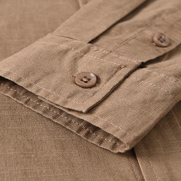 Buddha Stones Men's Long Sleeve Stand Collar With Pocket Pure Color Casual Cotton Linen Shirt - image 25