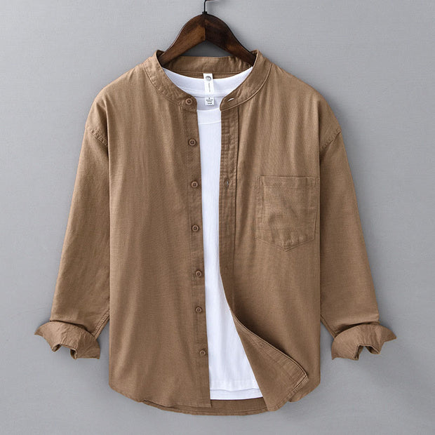 Buddha Stones Men's Long Sleeve Stand Collar With Pocket Pure Color Casual Cotton Linen Shirt - DarkGoldenrod - US/UK/AU40，EU50 (3XL) - image 22