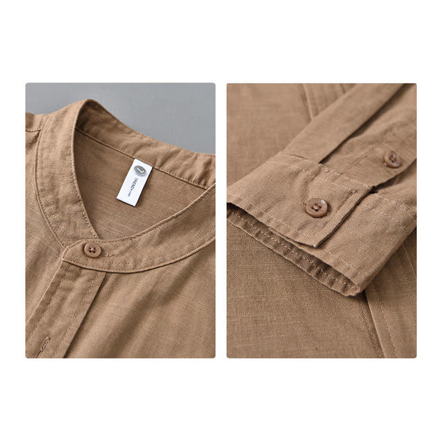 Buddha Stones Men's Long Sleeve Stand Collar With Pocket Pure Color Casual Cotton Linen Shirt - image 26