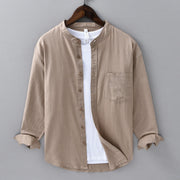 Buddha Stones Men's Long Sleeve Stand Collar With Pocket Pure Color Casual Cotton Linen Shirt - BurlyWood - US/UK/AU40，EU50 (3XL) - image 30