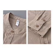 Buddha Stones Men's Long Sleeve Stand Collar With Pocket Pure Color Casual Cotton Linen Shirt - image 34