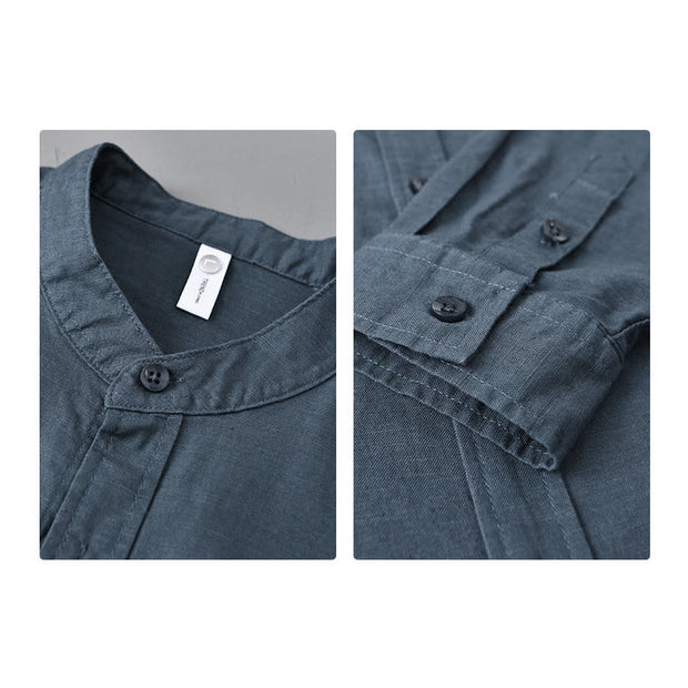 Buddha Stones Men's Long Sleeve Stand Collar With Pocket Pure Color Casual Cotton Linen Shirt - image 29