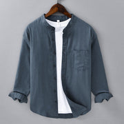 Buddha Stones Men's Long Sleeve Stand Collar With Pocket Pure Color Casual Cotton Linen Shirt - SteelBlue - US/UK/AU40，EU50 (3XL) - image 26