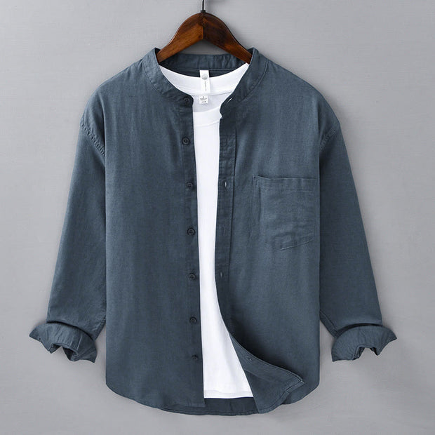 Buddha Stones Men's Long Sleeve Stand Collar With Pocket Pure Color Casual Cotton Linen Shirt - SteelBlue - US/UK/AU40，EU50 (3XL) - image 26