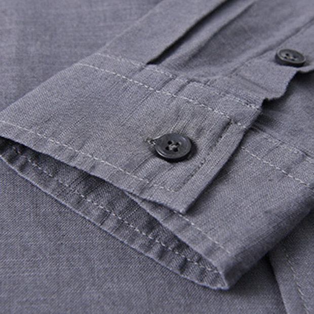 Buddha Stones Men's Long Sleeve Stand Collar With Pocket Pure Color Casual Cotton Linen Shirt - image 37